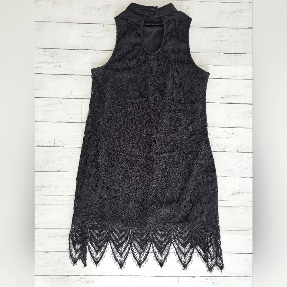 Love Fire Black Soft Lace Tank Dress Mock Neck Asymmetrical Lace Crochet - Picture 3 of 10